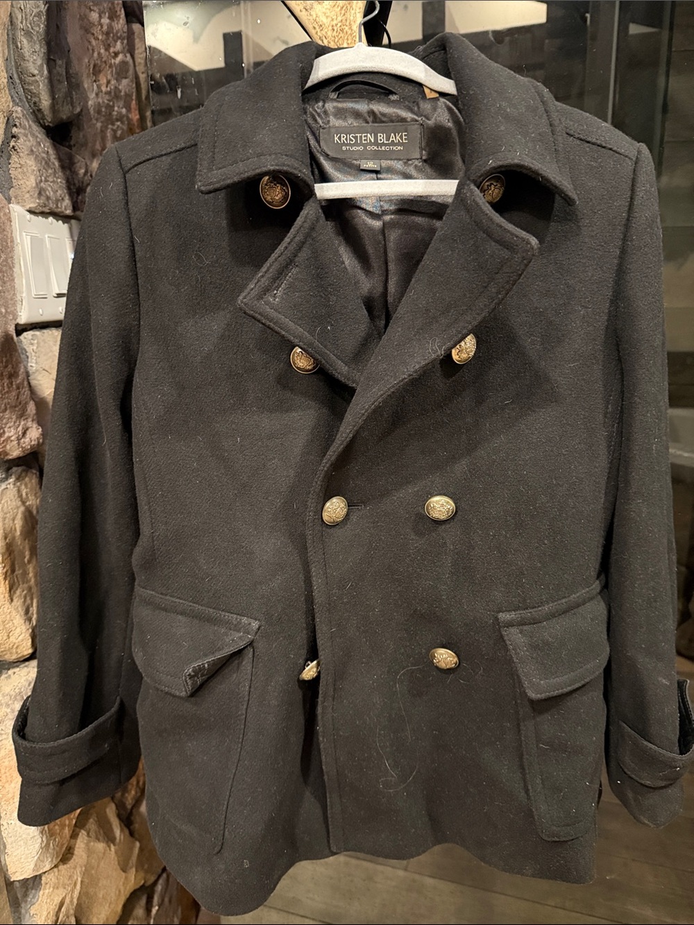 Kristen Blake Black Double-Breasted Pea Coat with Gold Buttons